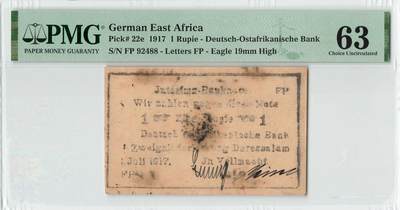 小福收藏拍卖第198期 评级币精选场  本期有菲律宾百位靓号100000比索超大纪念钞 苏里南25000盾花鸟版最高值 柬埔寨珍品56年50瑞尔 南越未发行版最高值打飞机  巴哈马彩背 老挝中国代印57年样钞 匈牙利 斯洛伐克 法罗群岛等多国精美高分珍稀老钞精品纸币 - 德属东非 1917年 1 Rupie 一战著名的“丛林票” 双尾88 PMG63 唯2冠军分！！！