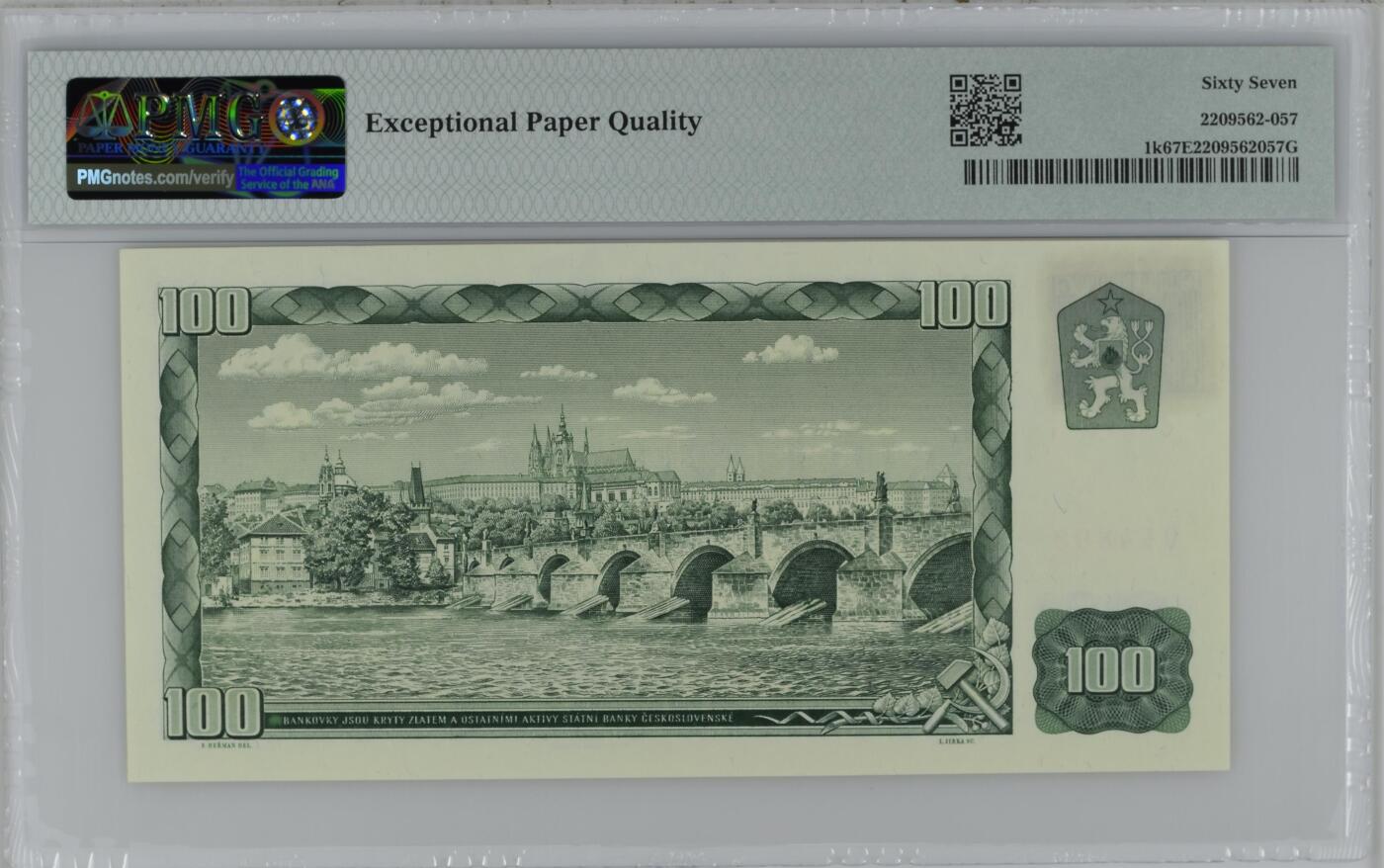 《艾美收藏》第226期-12.28周日外币精品场-蛇年收官 捷克共和国1961(ND1993)年加盖邮票版100克朗PMG67E亚军分尾8 冠军68分仅3张 Pick#1k