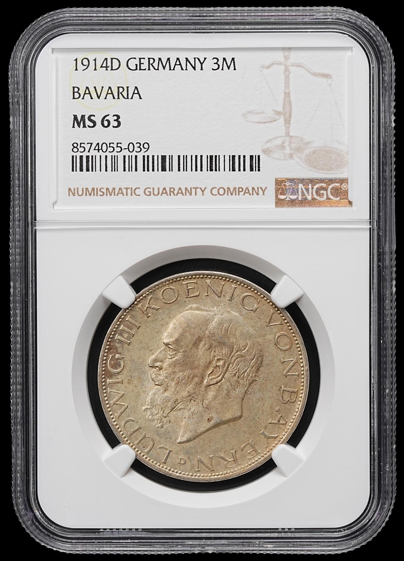 修遠堂世界钱币第九十九期 NGC MS63 1914年巴伐利亚3马克银币 流通版马克MS较少见