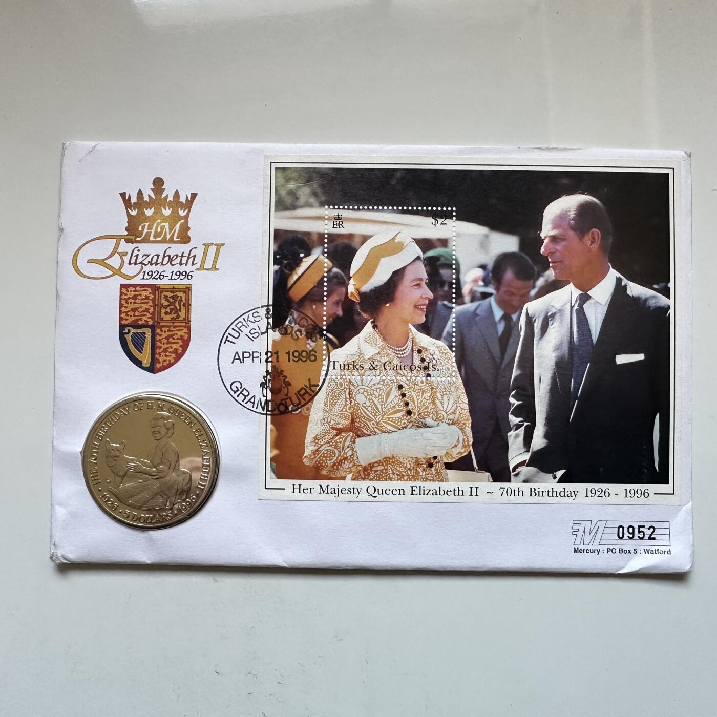 🌹外币初藏🌹🐯2025年第146场  每周二四六晚8️⃣点 接代拍 特克斯和凯科斯1996年5元克朗纪念币 首日封