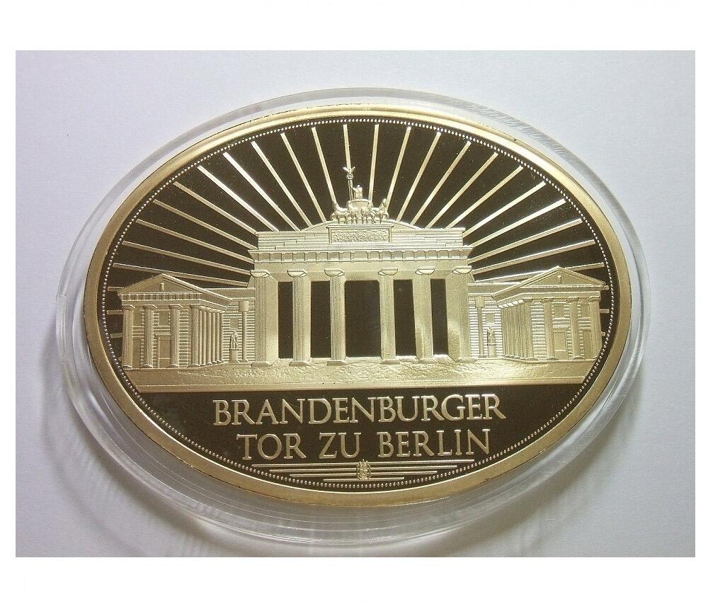 德国1989年拆除柏林墙+勃兰登堡门高浮雕精制彩色超大镀金章 63×85MM 118克