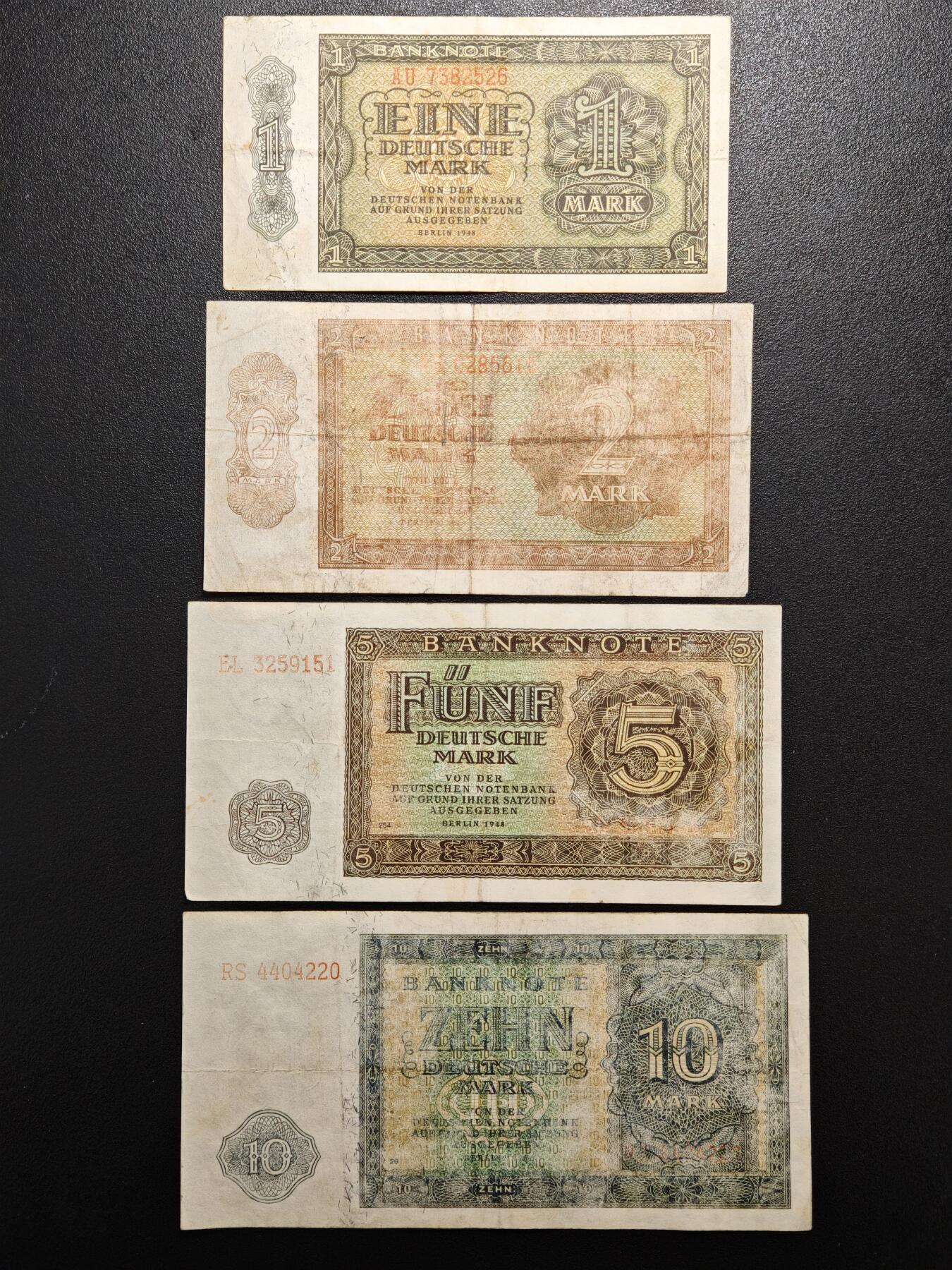 【德藏】世界币章拍卖第159期(元旦专场拍卖) 7张一组 1948年版 德国1、2、5、10、20、50、100马克纸币 二战后西德发行的第一套纸币