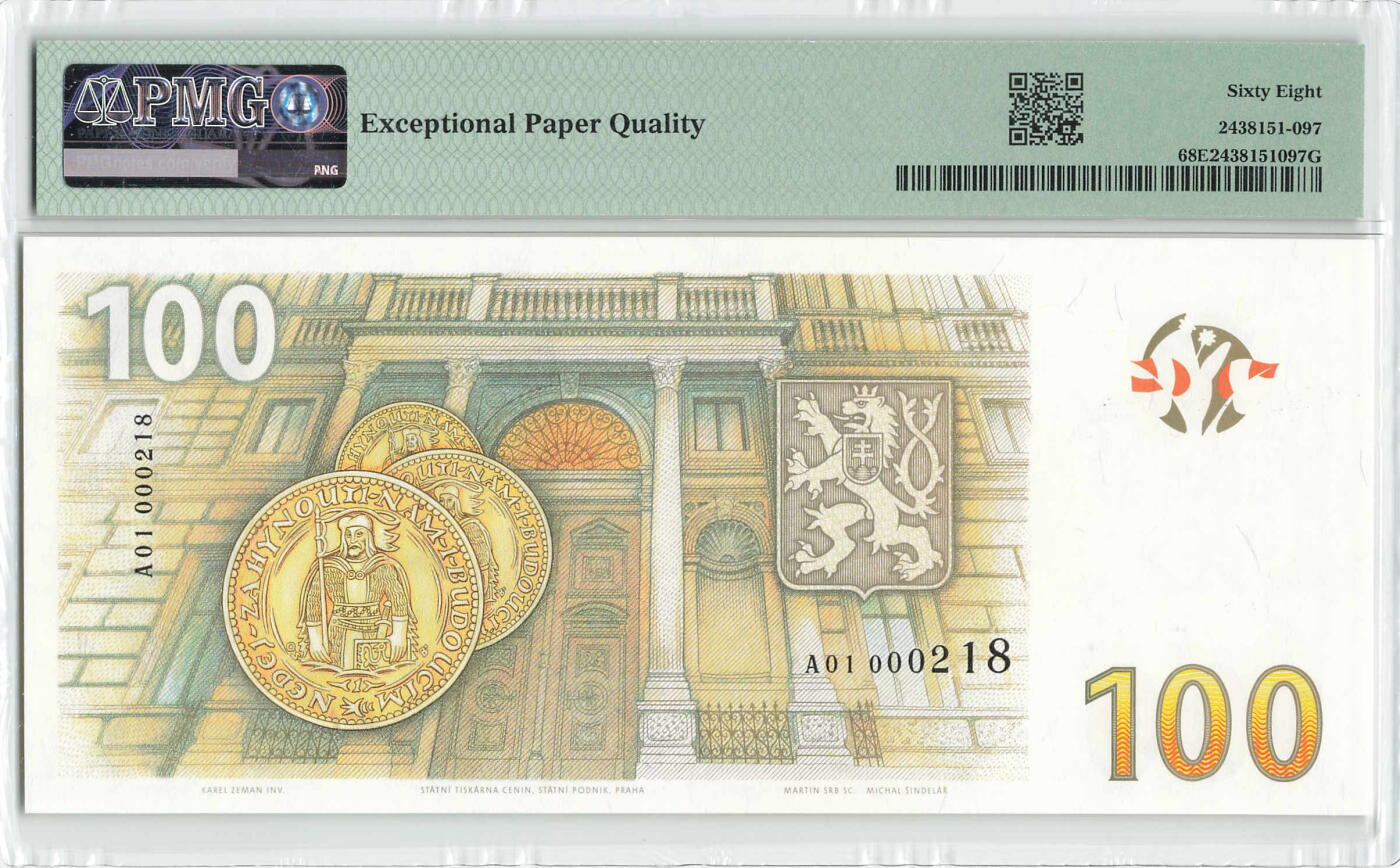 小福收藏拍卖第198期 评级币精选场  本期有菲律宾百位靓号100000比索超大纪念钞 苏里南25000盾花鸟版最高值 柬埔寨珍品56年50瑞尔 南越未发行版最高值打飞机  巴哈马彩背 老挝中国代印57年样钞 匈牙利 斯洛伐克 法罗群岛等多国精美高分珍稀老钞精品纸币 捷克 2019年 100克朗 捷克克朗诞生100周年纪念钞修改复制品 发行量只有2000枚 收藏价值也很高 带册 A01冠 218百位小号 PMG68 EPQ