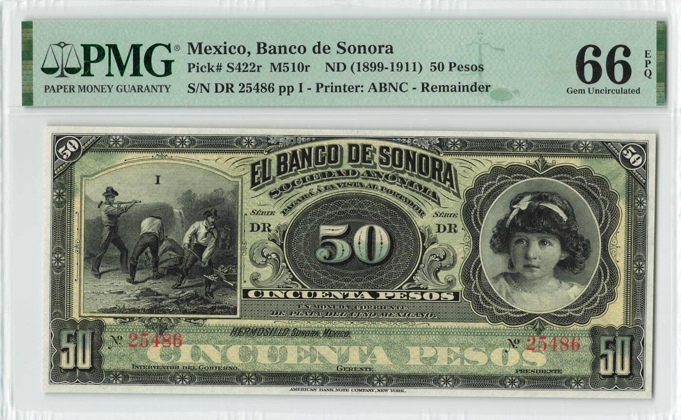 小福收藏拍卖第198期 评级币精选场  本期有菲律宾百位靓号100000比索超大纪念钞 苏里南25000盾花鸟版最高值 柬埔寨珍品56年50瑞尔 南越未发行版最高值打飞机  巴哈马彩背 老挝中国代印57年样钞 匈牙利 斯洛伐克 法罗群岛等多国精美高分珍稀老钞精品纸币 墨西哥 1899-1911年 50比索 库存票 PMG66 EPQ 亚军分（冠军分仅1枚）