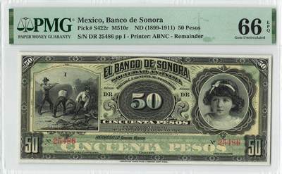 小福收藏拍卖第198期 评级币精选场  本期有菲律宾百位靓号100000比索超大纪念钞 苏里南25000盾花鸟版最高值 柬埔寨珍品56年50瑞尔 南越未发行版最高值打飞机  巴哈马彩背 老挝中国代印57年样钞 匈牙利 斯洛伐克 法罗群岛等多国精美高分珍稀老钞精品纸币 - 墨西哥 1899-1911年 50比索 库存票 PMG66 EPQ 亚军分（冠军分仅1枚）