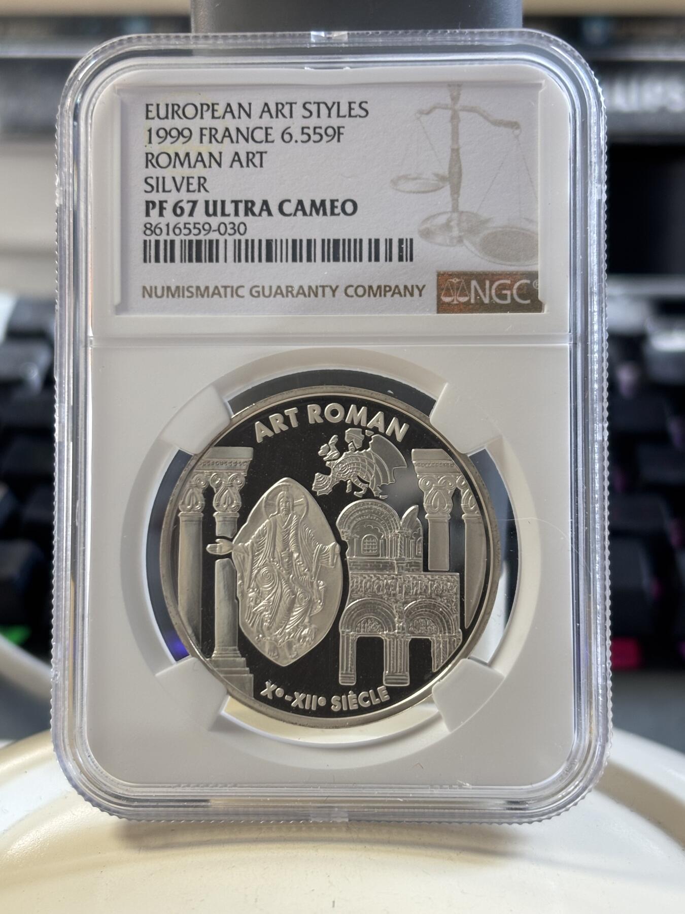 第186期拍卖 法国1999年纪念文艺复兴-古罗马建筑艺术双面值精制全新银币NGC-PF67,22.2克，925银，