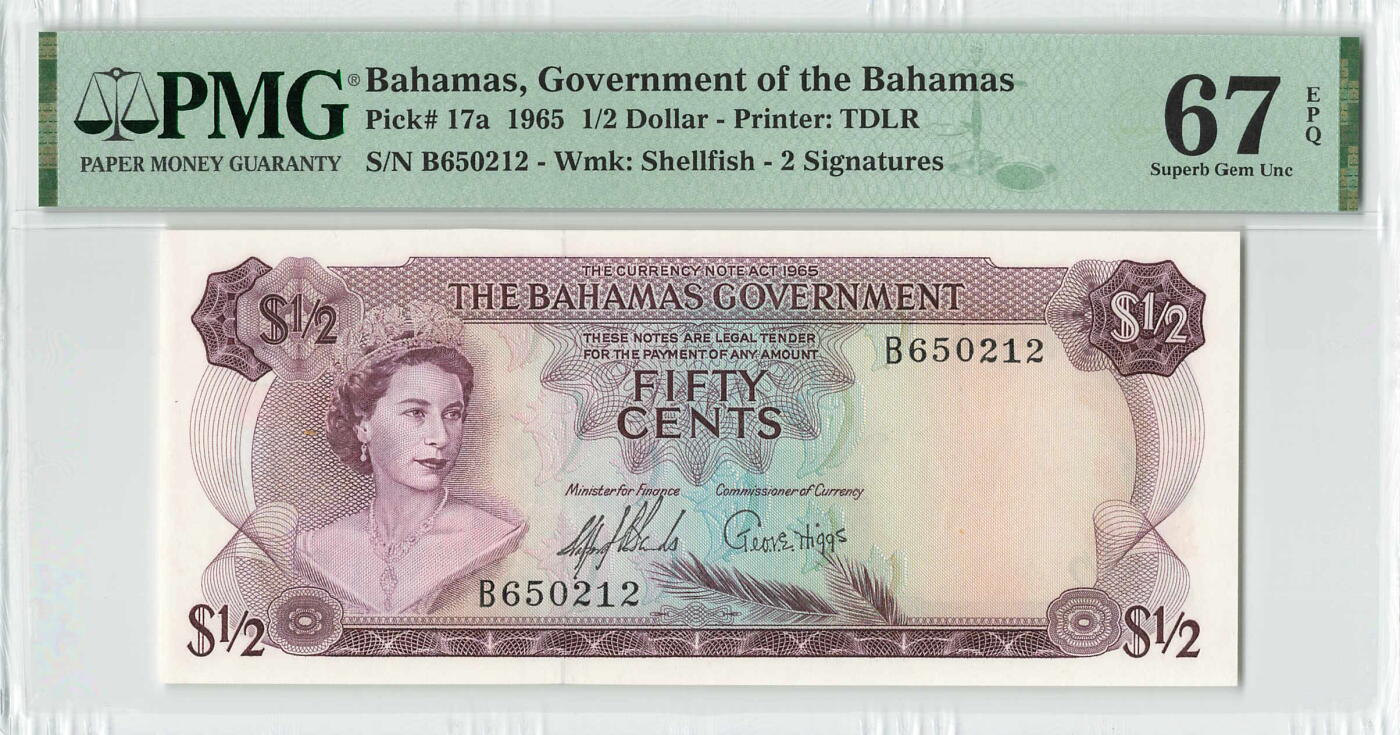 小福收藏拍卖第198期 评级币精选场  本期有菲律宾百位靓号100000比索超大纪念钞 苏里南25000盾花鸟版最高值 柬埔寨珍品56年50瑞尔 南越未发行版最高值打飞机  巴哈马彩背 老挝中国代印57年样钞 匈牙利 斯洛伐克 法罗群岛等多国精美高分珍稀老钞精品纸币 巴哈马 1965年 1/2元 早期版本彩背 无47 PMG67 EPQ 亚军分