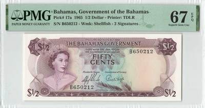 小福收藏拍卖第198期 评级币精选场  本期有菲律宾百位靓号100000比索超大纪念钞 苏里南25000盾花鸟版最高值 柬埔寨珍品56年50瑞尔 南越未发行版最高值打飞机  巴哈马彩背 老挝中国代印57年样钞 匈牙利 斯洛伐克 法罗群岛等多国精美高分珍稀老钞精品纸币 - 巴哈马 1965年 1/2元 早期版本彩背 无47 PMG67 EPQ 亚军分