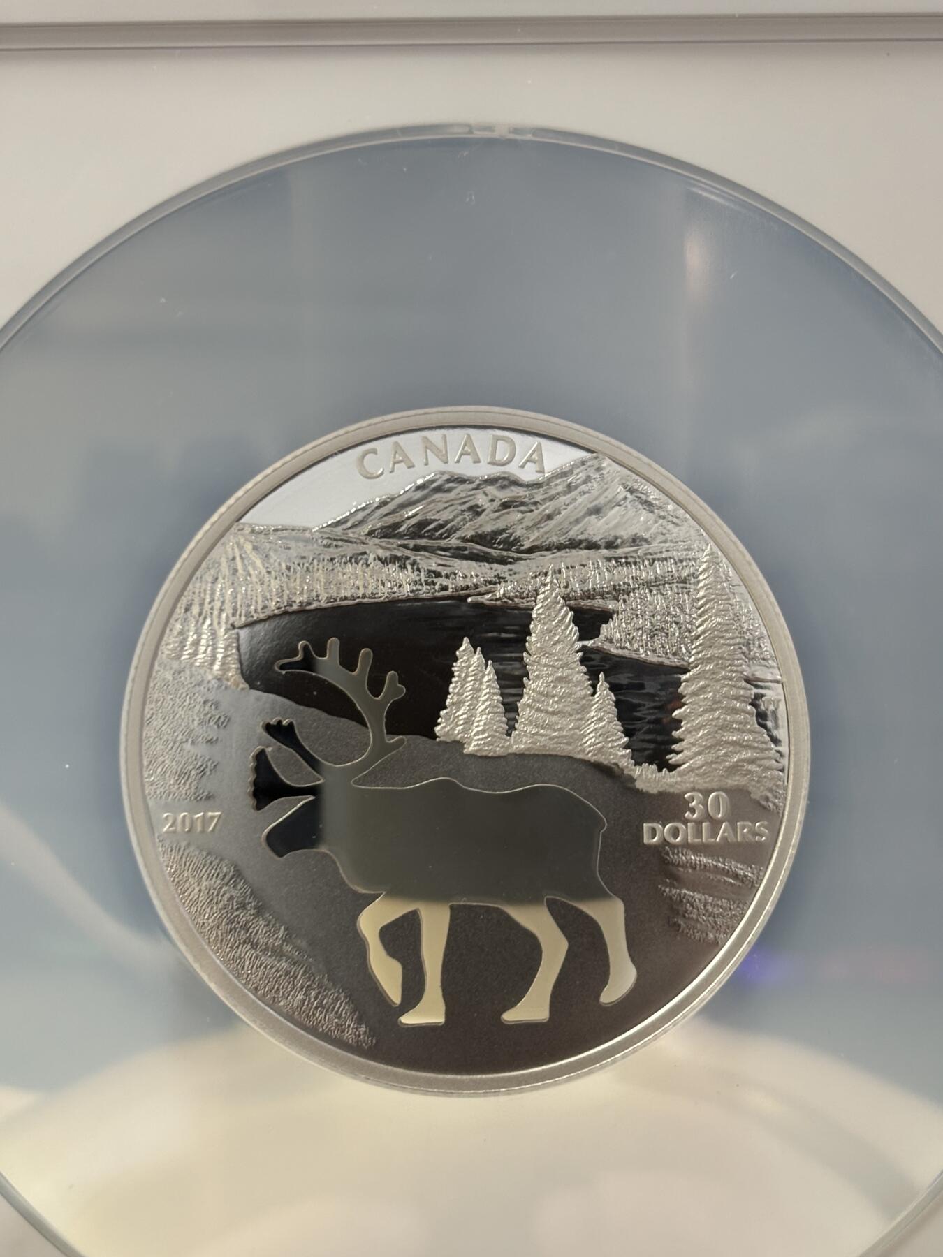 第186期拍卖 少见品种重量近2盎司加拿大2017年镂空剪影北美驯鹿NGC评级彩色早期标签69分精制银币9999银重52.88克直径54毫米