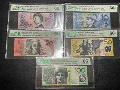 《外钞收藏家》第五百九十七期（年底收官场）（本平台长期征集拍品、欢迎藏友们联系合作） - 1998年澳大利亚5-100元 全同号426号 全部PMG66 纪念钞版