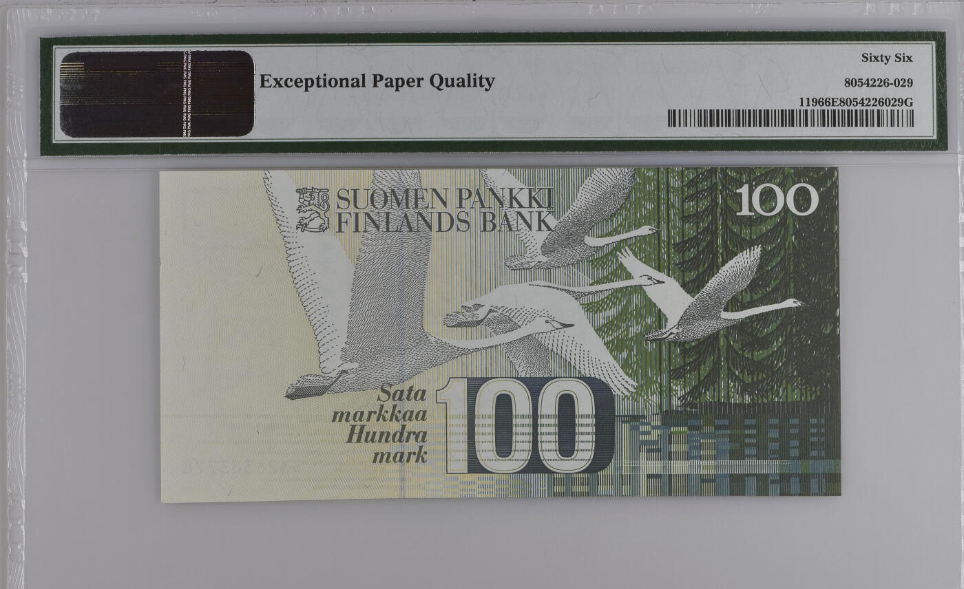 《艾美收藏》第226期-12.28周日外币精品场-蛇年收官 芬兰1986年litt.A版100马克PMG66E长号段无4尾8 芬兰作曲家西贝柳斯 Pick#119