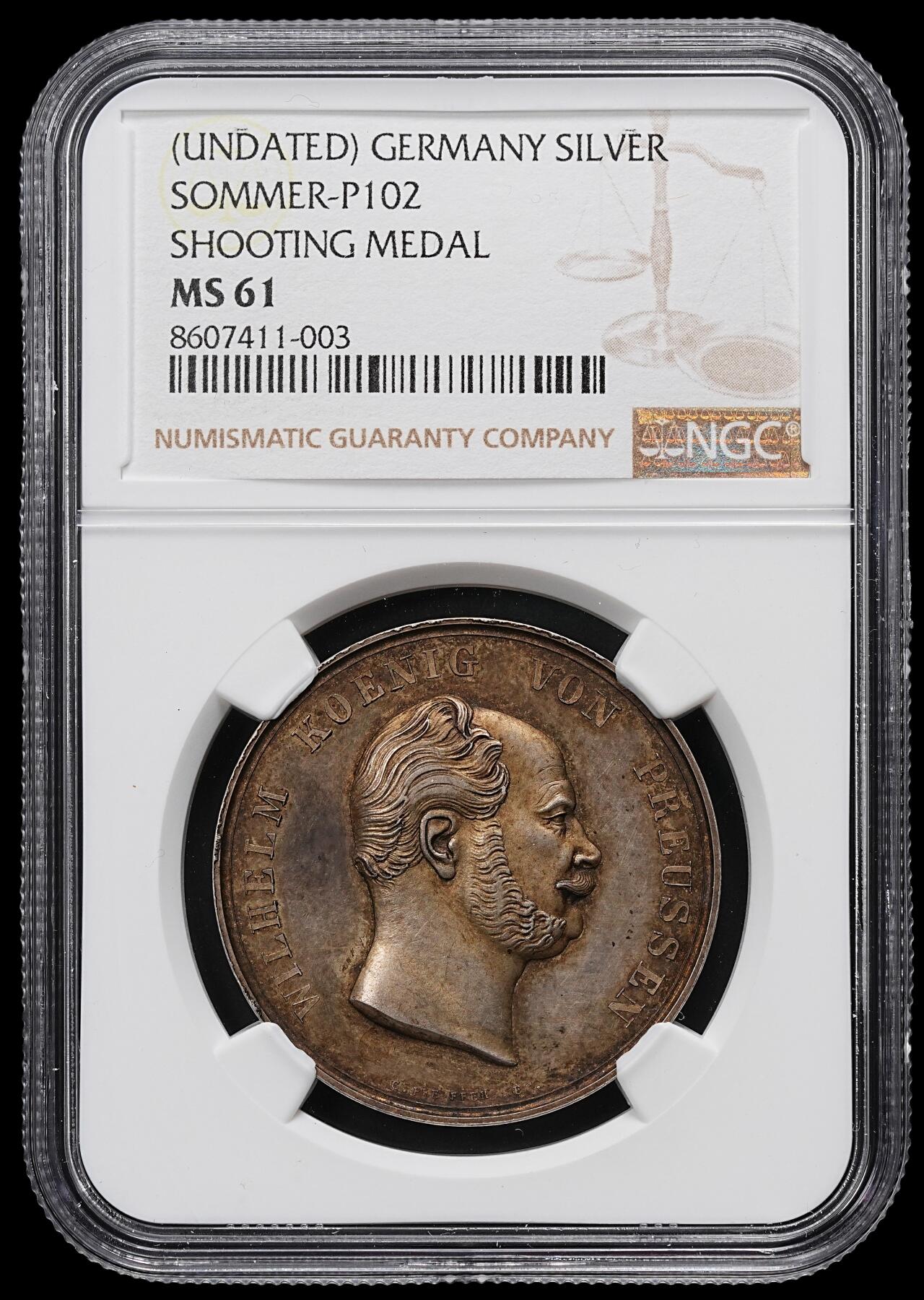 修遠堂世界钱币第九十九期 NGC MS61 19世纪普鲁士威廉一世时期射击节银章 背面橡树叶花环环绕的德语 “DEM BESTEN SCHÜTZEN”，意为 “授予最佳射手” 34.50mm，29.45g