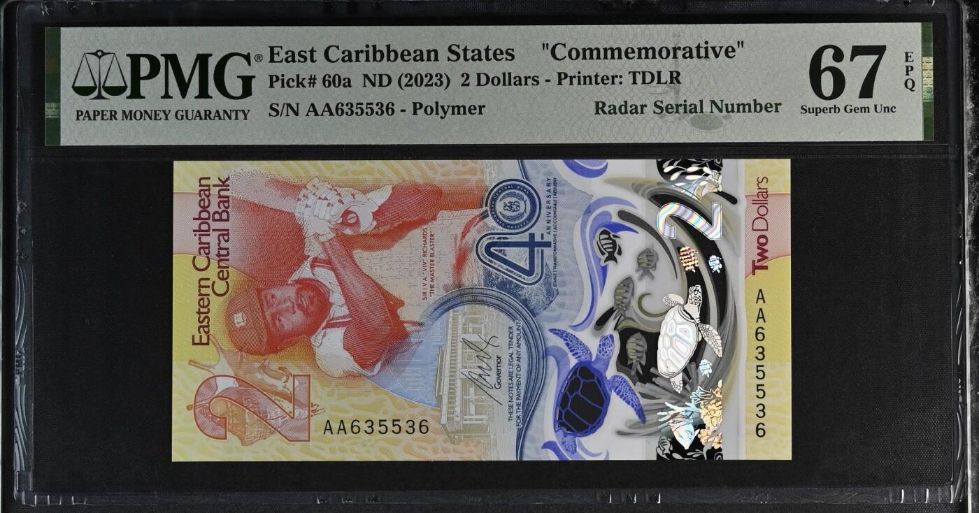 🐍甜小邱世界纸币收藏🐍第138期精品场💐 AA首发冠+雷达号！无47靓号 IBNS获奖钞 PMG67 东加勒比 2元 2023 