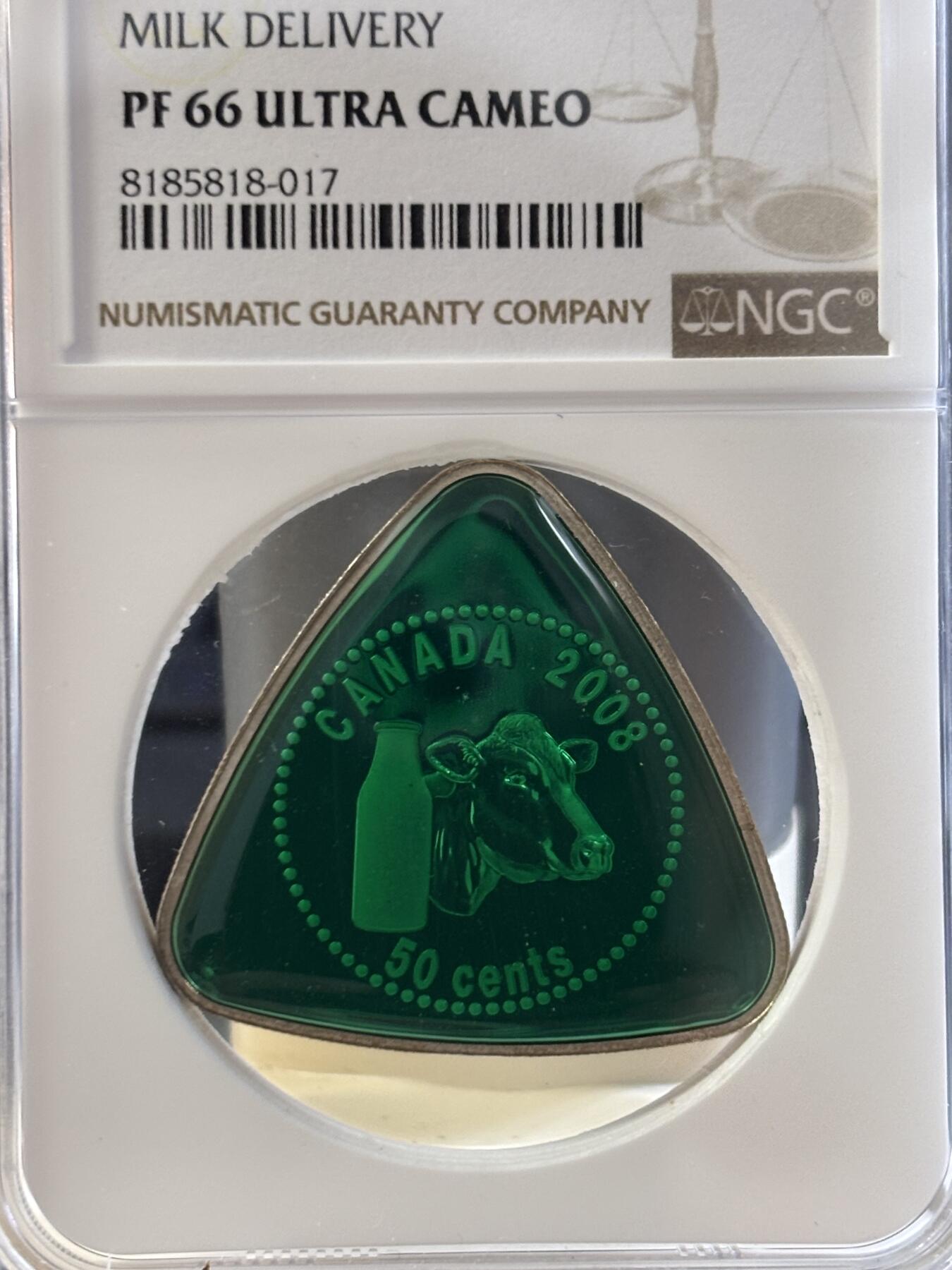 第186期拍卖 加拿大2008年牛奶支付代用币精制三角形纪念银币，20克