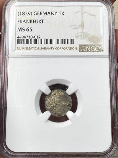 万国钱币拍卖第058期（万国新年大拍） - NGC MS65 1839年德国法兰克福城市景观1克洛泽银币 可以说是最小的德系景观银币 小中见大的典范 BU深打近200年欧陆酱彩
