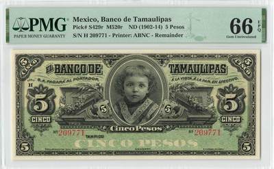 小福收藏拍卖第200期 【庆典场 中拍就有好礼相赠】评级币精选场 本期有捷克斯洛伐克20年100克朗慕夏作品大珍 69分倒置百位号布隆迪世界最大纸币  35年版加拿大经典 苏格兰格拉斯哥大学500年纪念钞倒置小号 卡塔尔80年100里亚尔冠军分 美国教育券 意大利拉斐尔 乌克兰 库克群岛 墨西哥 南斯拉夫 亚美尼亚等多国精美高分珍稀老钞精品纸币 - 墨西哥 1902-14年 5比索 库存票 小女孩 PMG66 EPQ 季军分