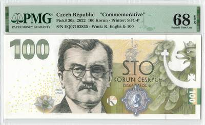 小福收藏拍卖第198期 评级币精选场  本期有菲律宾百位靓号100000比索超大纪念钞 苏里南25000盾花鸟版最高值 柬埔寨珍品56年50瑞尔 南越未发行版最高值打飞机  巴哈马彩背 老挝中国代印57年样钞 匈牙利 斯洛伐克 法罗群岛等多国精美高分珍稀老钞精品纸币 - 捷克 2022年 100克朗 纪念钞 PMG68 EPQ 季军分