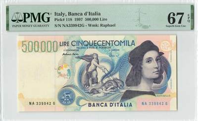 小福收藏拍卖第200期 【庆典场 中拍就有好礼相赠】评级币精选场 本期有捷克斯洛伐克20年100克朗慕夏作品大珍 69分倒置百位号布隆迪世界最大纸币  35年版加拿大经典 苏格兰格拉斯哥大学500年纪念钞倒置小号 卡塔尔80年100里亚尔冠军分 美国教育券 意大利拉斐尔 乌克兰 库克群岛 墨西哥 南斯拉夫 亚美尼亚等多国精美高分珍稀老钞精品纸币 - 意大利 1997年 500000里拉 拉斐尔 PMG67 EPQ