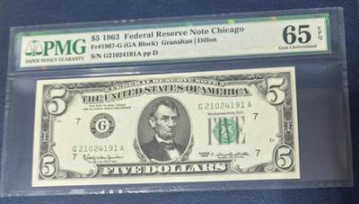 Gem Unc 美国纸币 1963年正版 5美元纸币 Pmg 65 - Gem Unc 美国纸币 1963年正版 5美元纸币 Pmg 65