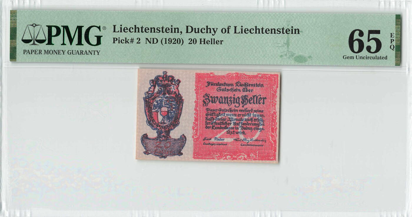 小福收藏拍卖第198期 评级币精选场  本期有菲律宾百位靓号100000比索超大纪念钞 苏里南25000盾花鸟版最高值 柬埔寨珍品56年50瑞尔 南越未发行版最高值打飞机  巴哈马彩背 老挝中国代印57年样钞 匈牙利 斯洛伐克 法罗群岛等多国精美高分珍稀老钞精品纸币 列支敦士登 1920年 20赫勒 百年老钞 PMG65 EPQ 季军分