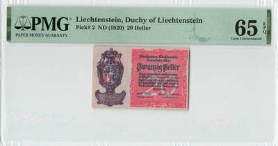 小福收藏拍卖第198期 评级币精选场  本期有菲律宾百位靓号100000比索超大纪念钞 苏里南25000盾花鸟版最高值 柬埔寨珍品56年50瑞尔 南越未发行版最高值打飞机  巴哈马彩背 老挝中国代印57年样钞 匈牙利 斯洛伐克 法罗群岛等多国精美高分珍稀老钞精品纸币 - 列支敦士登 1920年 20赫勒 百年老钞 PMG65 EPQ 季军分