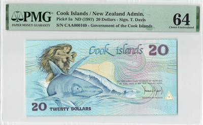 小福收藏拍卖第200期 【庆典场 中拍就有好礼相赠】评级币精选场 本期有捷克斯洛伐克20年100克朗慕夏作品大珍 69分倒置百位号布隆迪世界最大纸币  35年版加拿大经典 苏格兰格拉斯哥大学500年纪念钞倒置小号 卡塔尔80年100里亚尔冠军分 美国教育券 意大利拉斐尔 乌克兰 库克群岛 墨西哥 南斯拉夫 亚美尼亚等多国精美高分珍稀老钞精品纸币 - 库克群岛 1987年 20元 票胆 CAA冠 倒置号000169 PMG64