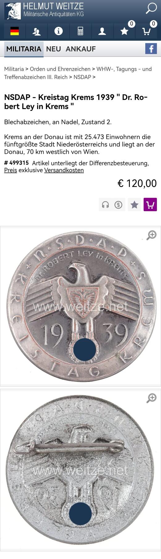 盛世勋华——号角文化勋章邮票专场拍卖第296期 德国（1939）1939年罗伯特·莱伊博士（帝国劳工阵线负责人）访问克莱姆斯县纪念证章 Weitze售价120欧参见图三