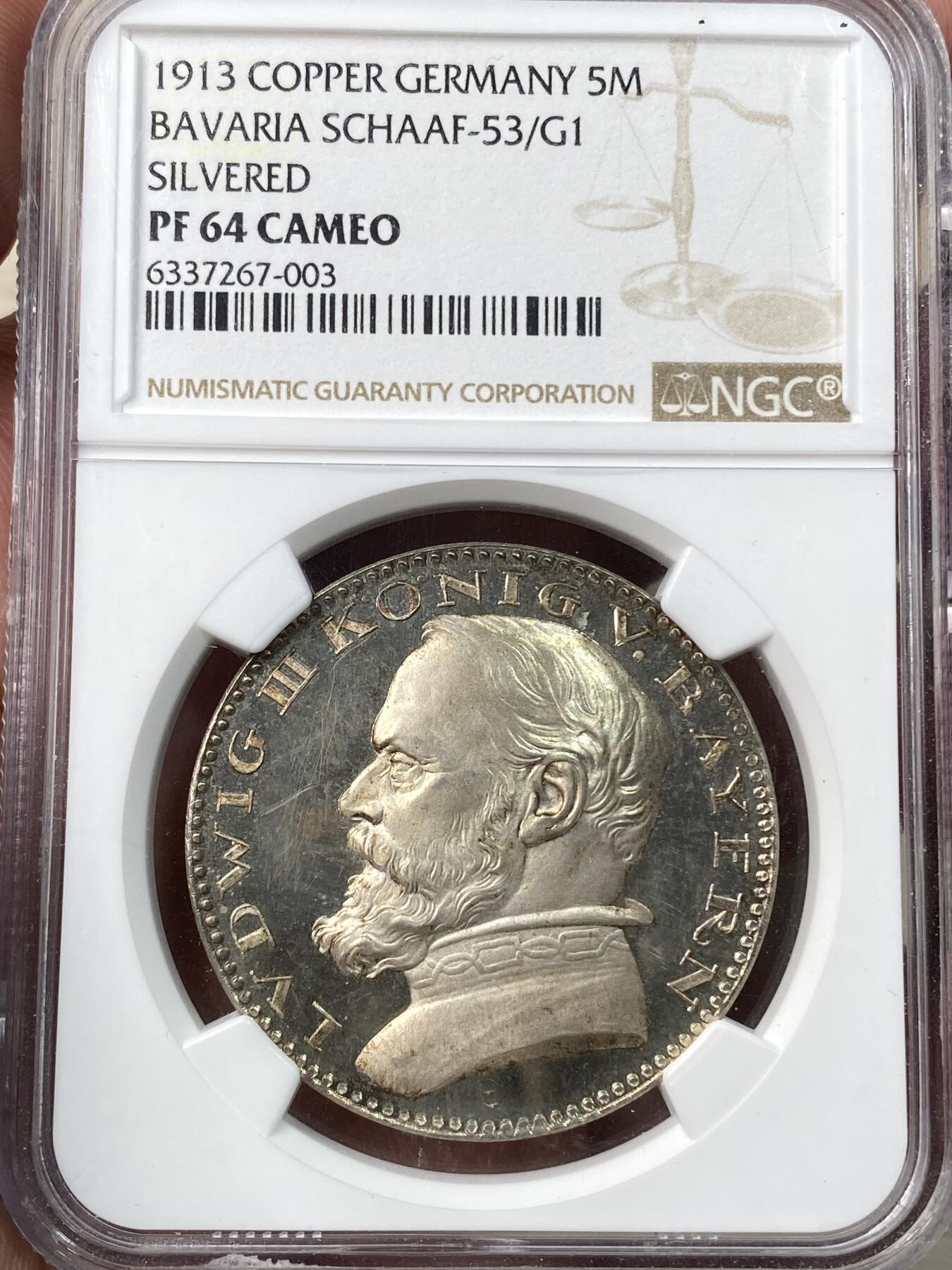 万国钱币拍卖第058期（万国新年大拍） NGC PF64CAM 1913年德国巴伐利亚路德维希三世5马克镀银样币 卡尔哥茨作品 难得CAM高浮雕镜面喷砂状态 典藏级品质