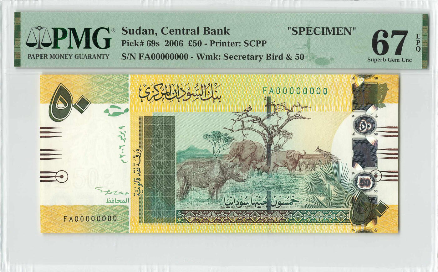 小福收藏拍卖第200期 【庆典场 中拍就有好礼相赠】评级币精选场 本期有捷克斯洛伐克20年100克朗慕夏作品大珍 69分倒置百位号布隆迪世界最大纸币  35年版加拿大经典 苏格兰格拉斯哥大学500年纪念钞倒置小号 卡塔尔80年100里亚尔冠军分 美国教育券 意大利拉斐尔 乌克兰 库克群岛 墨西哥 南斯拉夫 亚美尼亚等多国精美高分珍稀老钞精品纸币 苏丹 2006年 50镑 该版最高值 样钞 FA首冠 PMG67 EPQ 唯2亚军分（冠军分仅1枚）