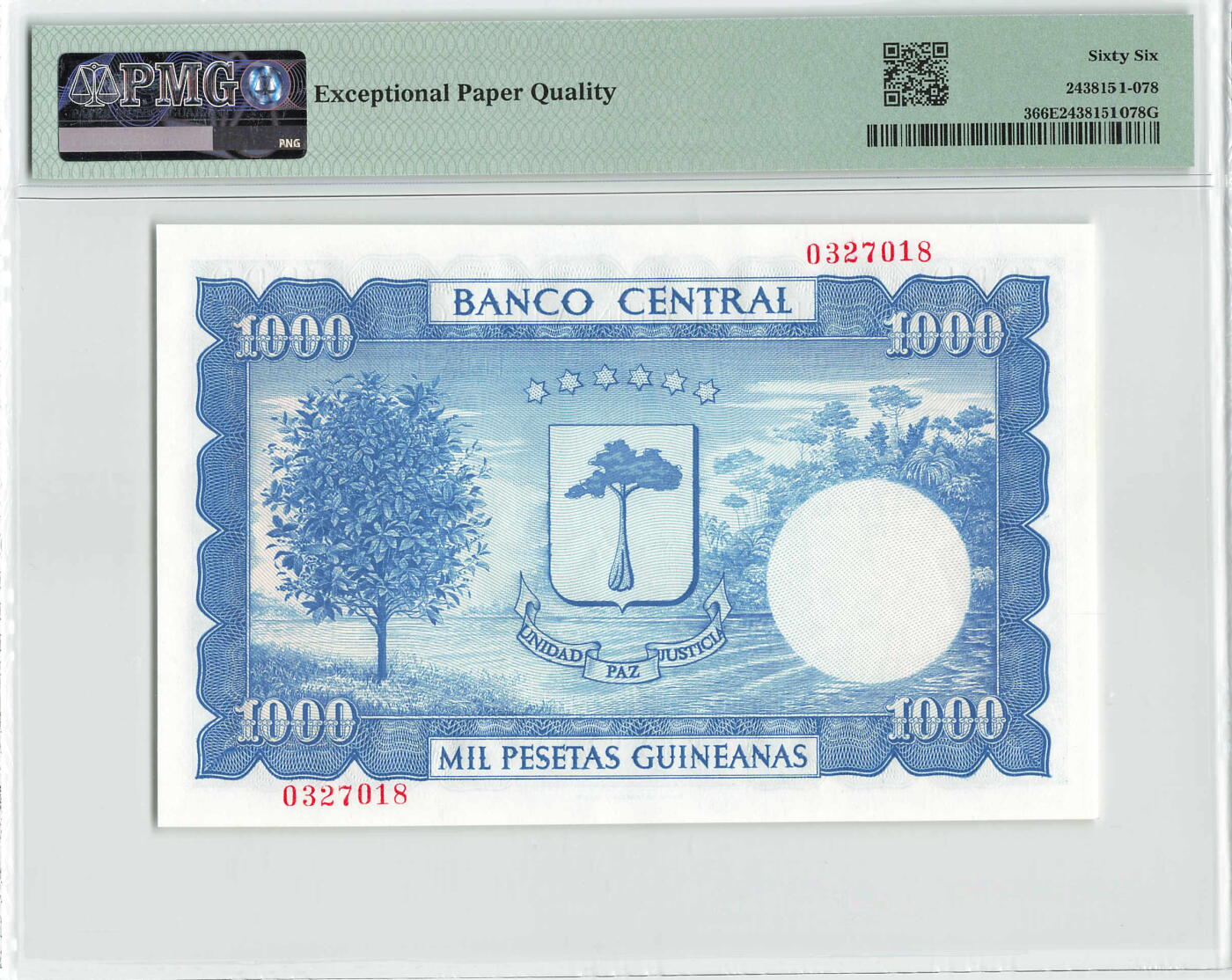 小福收藏拍卖第198期 评级币精选场  本期有菲律宾百位靓号100000比索超大纪念钞 苏里南25000盾花鸟版最高值 柬埔寨珍品56年50瑞尔 南越未发行版最高值打飞机  巴哈马彩背 老挝中国代印57年样钞 匈牙利 斯洛伐克 法罗群岛等多国精美高分珍稀老钞精品纸币 赤道几内亚 1969年 1000比塞塔 该国首套纸币 四大暴君之一马西埃 最高值 尾8 PMG66 EPQ 季军分