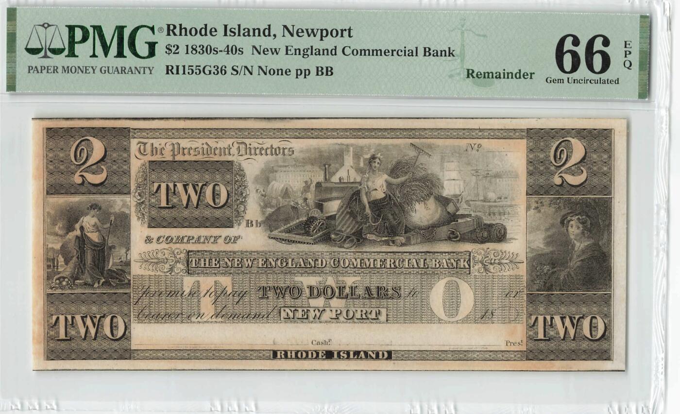 小福收藏拍卖第198期 评级币精选场  本期有菲律宾百位靓号100000比索超大纪念钞 苏里南25000盾花鸟版最高值 柬埔寨珍品56年50瑞尔 南越未发行版最高值打飞机  巴哈马彩背 老挝中国代印57年样钞 匈牙利 斯洛伐克 法罗群岛等多国精美高分珍稀老钞精品纸币 美国 罗德岛 1830-40年代 2元 PMG66 EPQ 季军分