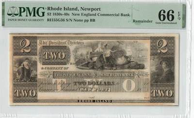 小福收藏拍卖第198期 评级币精选场  本期有菲律宾百位靓号100000比索超大纪念钞 苏里南25000盾花鸟版最高值 柬埔寨珍品56年50瑞尔 南越未发行版最高值打飞机  巴哈马彩背 老挝中国代印57年样钞 匈牙利 斯洛伐克 法罗群岛等多国精美高分珍稀老钞精品纸币 - 美国 罗德岛 1830-40年代 2元 PMG66 EPQ 季军分