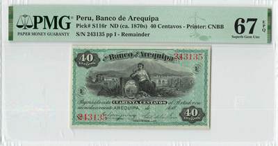 小福收藏拍卖第198期 评级币精选场  本期有菲律宾百位靓号100000比索超大纪念钞 苏里南25000盾花鸟版最高值 柬埔寨珍品56年50瑞尔 南越未发行版最高值打飞机  巴哈马彩背 老挝中国代印57年样钞 匈牙利 斯洛伐克 法罗群岛等多国精美高分珍稀老钞精品纸币 - 秘鲁 1870年代 40centavos 罕见 库存票 PMG67 EPQ 唯1冠军分！！！