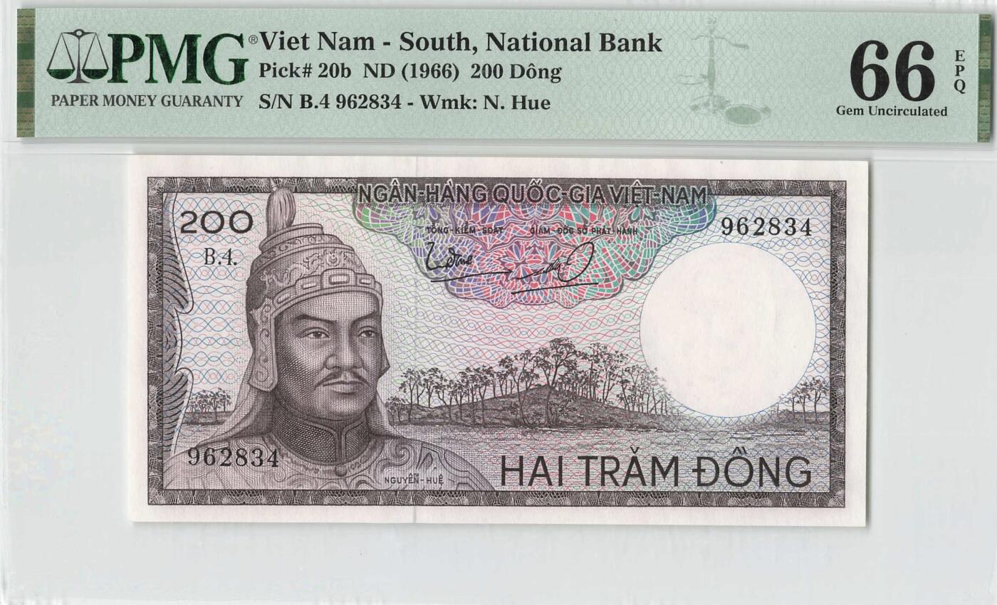 小福收藏拍卖第198期 评级币精选场  本期有菲律宾百位靓号100000比索超大纪念钞 苏里南25000盾花鸟版最高值 柬埔寨珍品56年50瑞尔 南越未发行版最高值打飞机  巴哈马彩背 老挝中国代印57年样钞 匈牙利 斯洛伐克 法罗群岛等多国精美高分珍稀老钞精品纸币 南越 1966年 200盾 这版最少见面值 PMG66 EPQ 亚军分