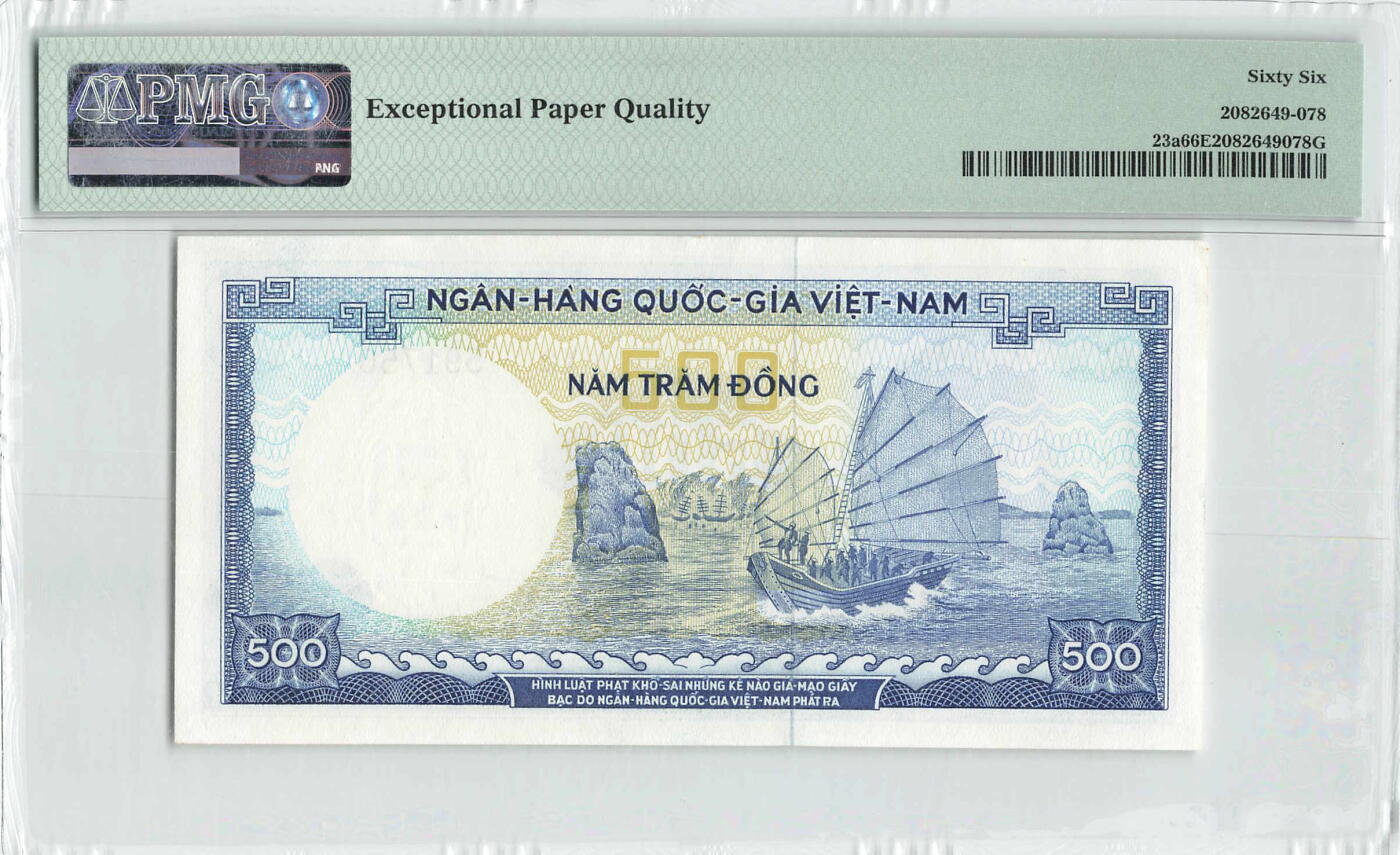 小福收藏拍卖第198期 评级币精选场  本期有菲律宾百位靓号100000比索超大纪念钞 苏里南25000盾花鸟版最高值 柬埔寨珍品56年50瑞尔 南越未发行版最高值打飞机  巴哈马彩背 老挝中国代印57年样钞 匈牙利 斯洛伐克 法罗群岛等多国精美高分珍稀老钞精品纸币 南越 1966年 500盾 该版最高值 PMG66 EPQ 季军分