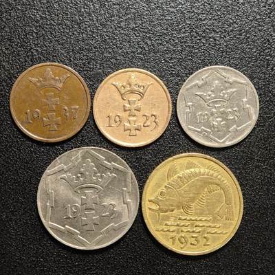 【德藏】世界币章拍卖第159期(元旦专场拍卖) - 5枚一组 1923-1937年 德国但泽自由市1、5、10芬尼铜币、镍币 好品相