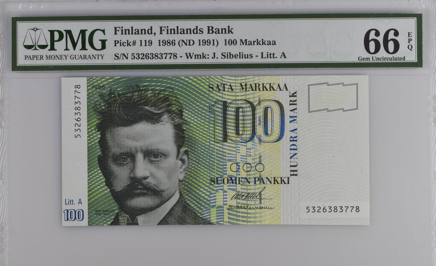 《艾美收藏》第226期-12.28周日外币精品场-蛇年收官 芬兰1986年litt.A版100马克PMG66E长号段无4尾8 芬兰作曲家西贝柳斯 Pick#119