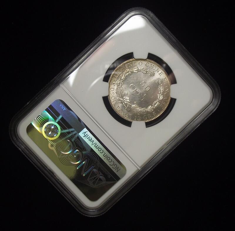 【NGC-MS65亚军分】浅金彩法属印支1936年50分坐洋银币
