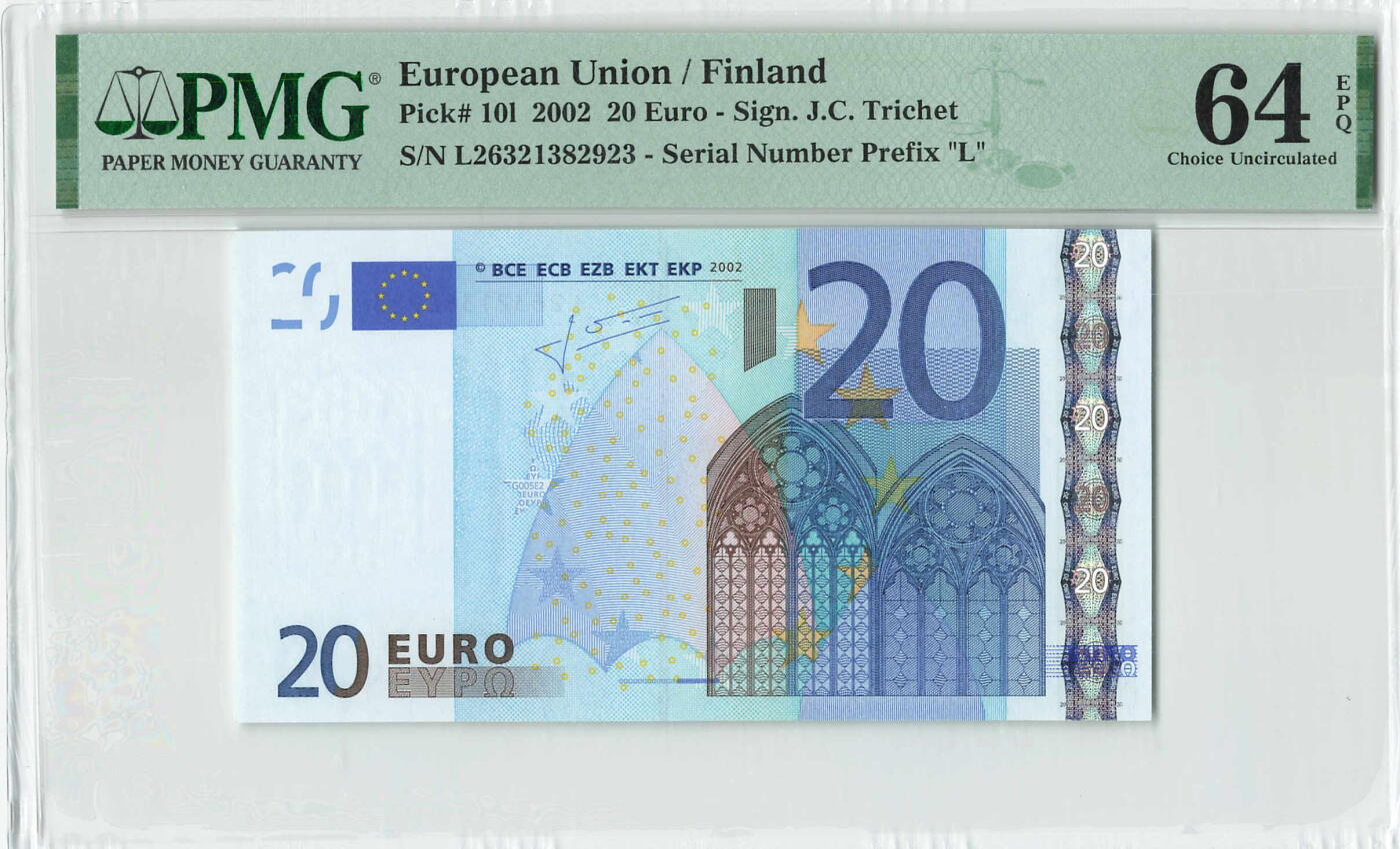 小福收藏拍卖第198期 评级币精选场  本期有菲律宾百位靓号100000比索超大纪念钞 苏里南25000盾花鸟版最高值 柬埔寨珍品56年50瑞尔 南越未发行版最高值打飞机  巴哈马彩背 老挝中国代印57年样钞 匈牙利 斯洛伐克 法罗群岛等多国精美高分珍稀老钞精品纸币 芬兰 2002年 20欧元 国别稀有 二签 长号无47 PMG64 EPQ