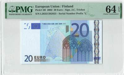 小福收藏拍卖第198期 评级币精选场  本期有菲律宾百位靓号100000比索超大纪念钞 苏里南25000盾花鸟版最高值 柬埔寨珍品56年50瑞尔 南越未发行版最高值打飞机  巴哈马彩背 老挝中国代印57年样钞 匈牙利 斯洛伐克 法罗群岛等多国精美高分珍稀老钞精品纸币 - 芬兰 2002年 20欧元 国别稀有 二签 长号无47 PMG64 EPQ