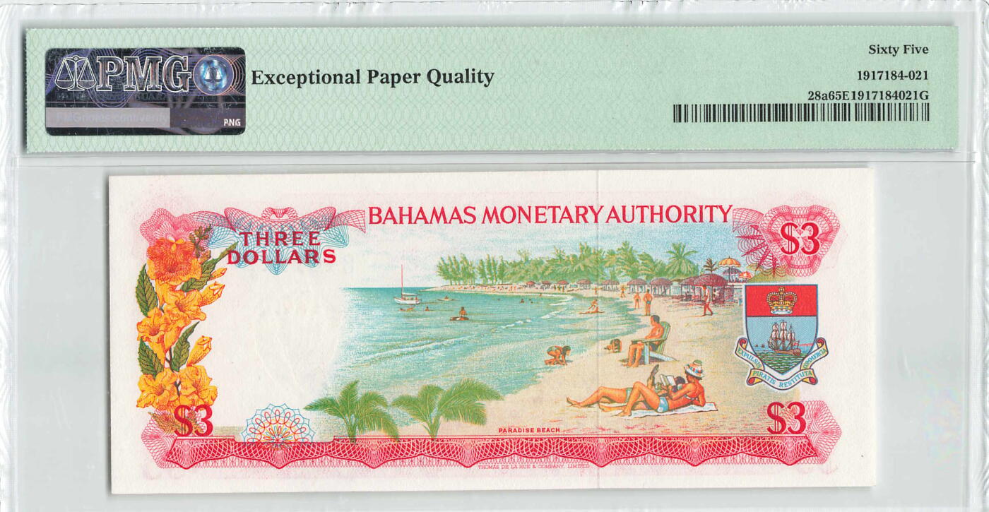 小福收藏拍卖第198期 评级币精选场  本期有菲律宾百位靓号100000比索超大纪念钞 苏里南25000盾花鸟版最高值 柬埔寨珍品56年50瑞尔 南越未发行版最高值打飞机  巴哈马彩背 老挝中国代印57年样钞 匈牙利 斯洛伐克 法罗群岛等多国精美高分珍稀老钞精品纸币 巴哈马 1968年 3元 彩背 双尾 PMG65 EPQ