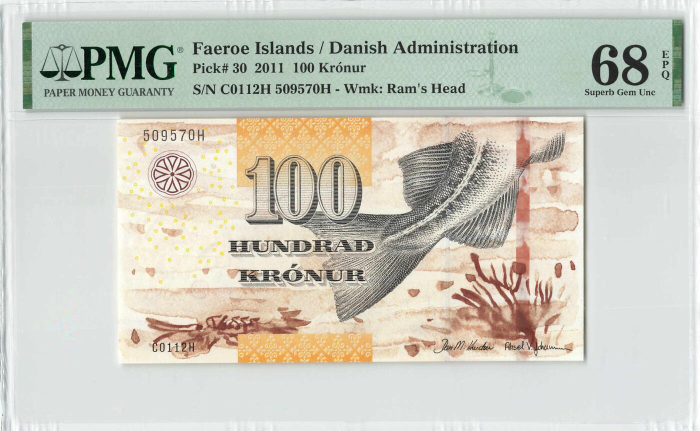 小福收藏拍卖第198期 评级币精选场  本期有菲律宾百位靓号100000比索超大纪念钞 苏里南25000盾花鸟版最高值 柬埔寨珍品56年50瑞尔 南越未发行版最高值打飞机  巴哈马彩背 老挝中国代印57年样钞 匈牙利 斯洛伐克 法罗群岛等多国精美高分珍稀老钞精品纸币 法罗群岛 2011年 100克朗 PMG68 EPQ 季军分