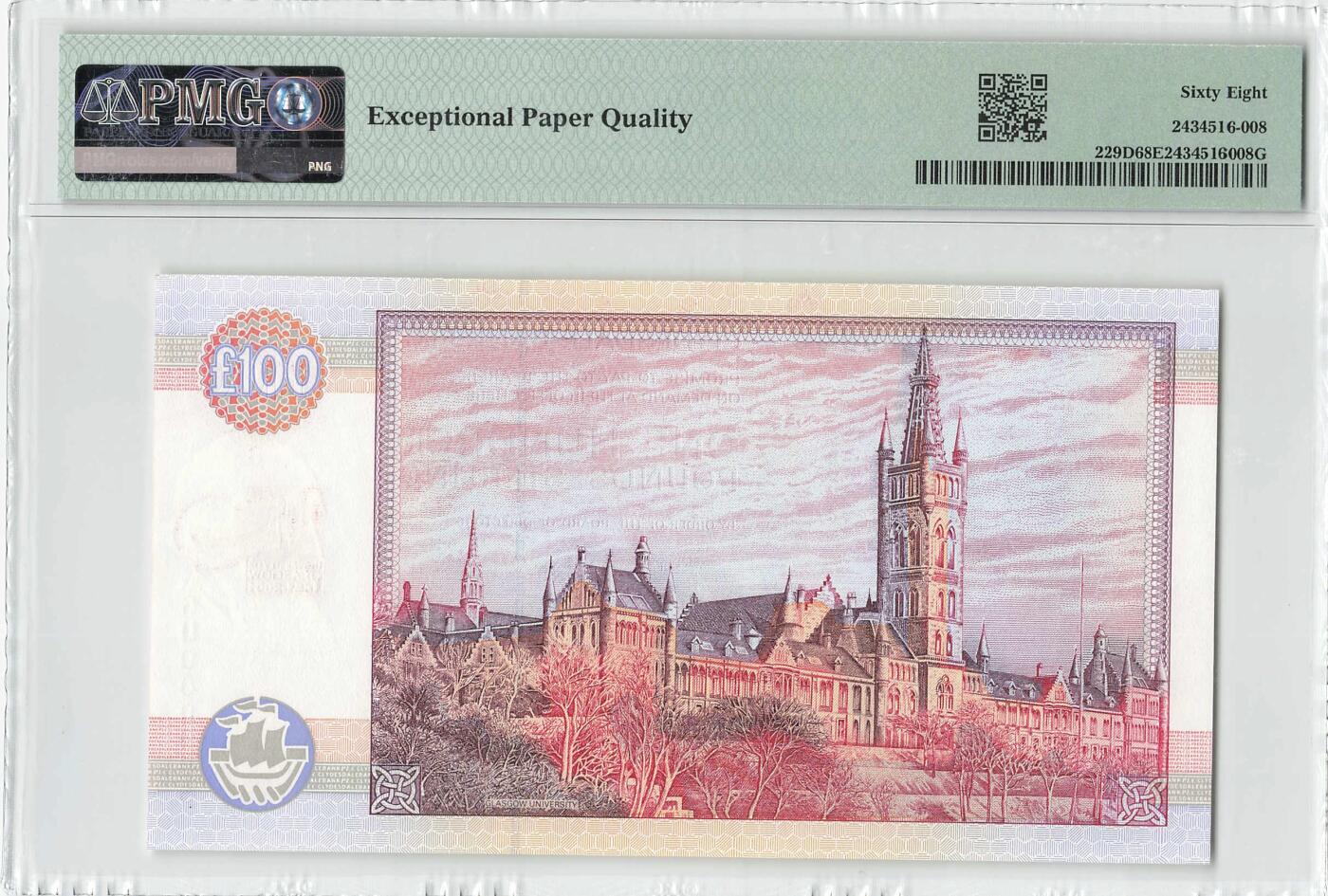 小福收藏拍卖第200期 【庆典场 中拍就有好礼相赠】评级币精选场 本期有捷克斯洛伐克20年100克朗慕夏作品大珍 69分倒置百位号布隆迪世界最大纸币  35年版加拿大经典 苏格兰格拉斯哥大学500年纪念钞倒置小号 卡塔尔80年100里亚尔冠军分 美国教育券 意大利拉斐尔 乌克兰 库克群岛 墨西哥 南斯拉夫 亚美尼亚等多国精美高分珍稀老钞精品纸币 苏格兰 克莱斯勒戴尔银行 2001年 100镑 格拉斯哥大学500年纪念钞 三位小号 倒置号000986 PMG68 EPQ 冠军分！！!