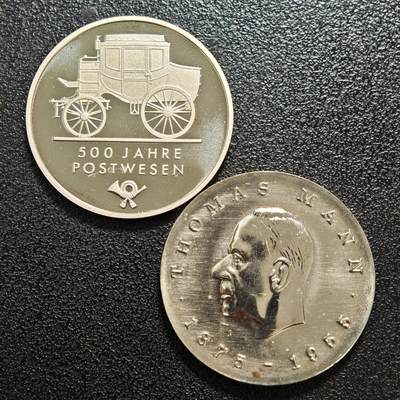【德藏】世界币章拍卖第159期(元旦专场拍卖) - 2枚一组 1990年 东德邮政500周年5马克纪念镍币 1975年 东德小说家托马斯·曼诞辰百年5马克纪念镍币 品相极佳
