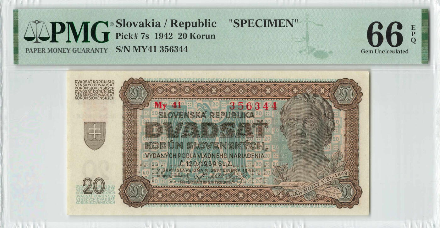 小福收藏拍卖第198期 评级币精选场  本期有菲律宾百位靓号100000比索超大纪念钞 苏里南25000盾花鸟版最高值 柬埔寨珍品56年50瑞尔 南越未发行版最高值打飞机  巴哈马彩背 老挝中国代印57年样钞 匈牙利 斯洛伐克 法罗群岛等多国精美高分珍稀老钞精品纸币 斯洛伐克 1942年 20克朗 样钞 少见 双尾 PMG66 EPQ 亚军分