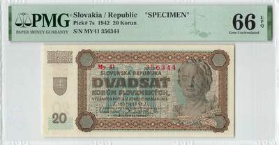 小福收藏拍卖第198期 评级币精选场  本期有菲律宾百位靓号100000比索超大纪念钞 苏里南25000盾花鸟版最高值 柬埔寨珍品56年50瑞尔 南越未发行版最高值打飞机  巴哈马彩背 老挝中国代印57年样钞 匈牙利 斯洛伐克 法罗群岛等多国精美高分珍稀老钞精品纸币 - 斯洛伐克 1942年 20克朗 样钞 少见 双尾 PMG66 EPQ 亚军分
