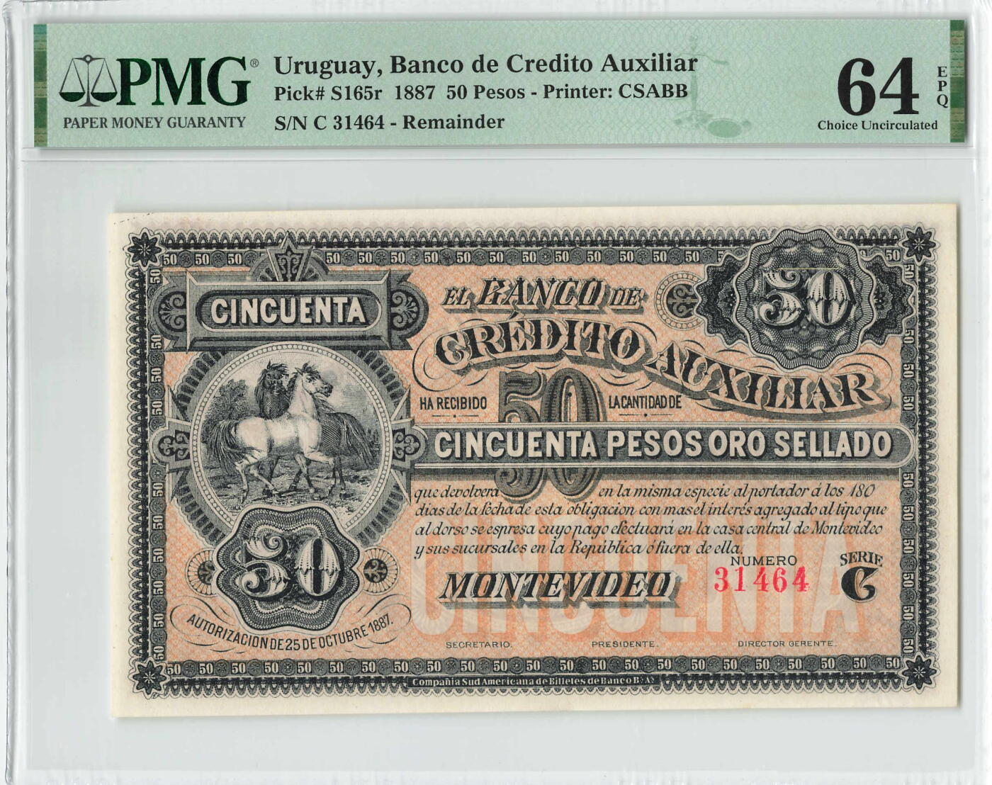 小福收藏拍卖第200期 【庆典场 中拍就有好礼相赠】评级币精选场 本期有捷克斯洛伐克20年100克朗慕夏作品大珍 69分倒置百位号布隆迪世界最大纸币  35年版加拿大经典 苏格兰格拉斯哥大学500年纪念钞倒置小号 卡塔尔80年100里亚尔冠军分 美国教育券 意大利拉斐尔 乌克兰 库克群岛 墨西哥 南斯拉夫 亚美尼亚等多国精美高分珍稀老钞精品纸币 乌拉圭 1887年 50比索 少见 库存票 PMG64 EPQ 亚军分（冠军分仅1枚）