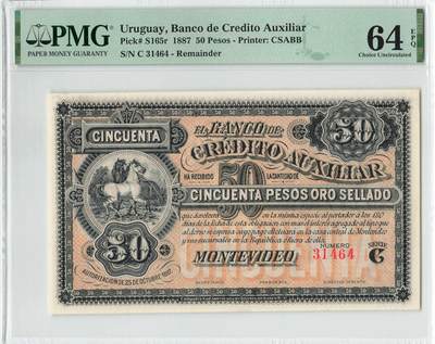 小福收藏拍卖第200期 【庆典场 中拍就有好礼相赠】评级币精选场 本期有捷克斯洛伐克20年100克朗慕夏作品大珍 69分倒置百位号布隆迪世界最大纸币  35年版加拿大经典 苏格兰格拉斯哥大学500年纪念钞倒置小号 卡塔尔80年100里亚尔冠军分 美国教育券 意大利拉斐尔 乌克兰 库克群岛 墨西哥 南斯拉夫 亚美尼亚等多国精美高分珍稀老钞精品纸币 - 乌拉圭 1887年 50比索 少见 库存票 PMG64 EPQ 亚军分（冠军分仅1枚）