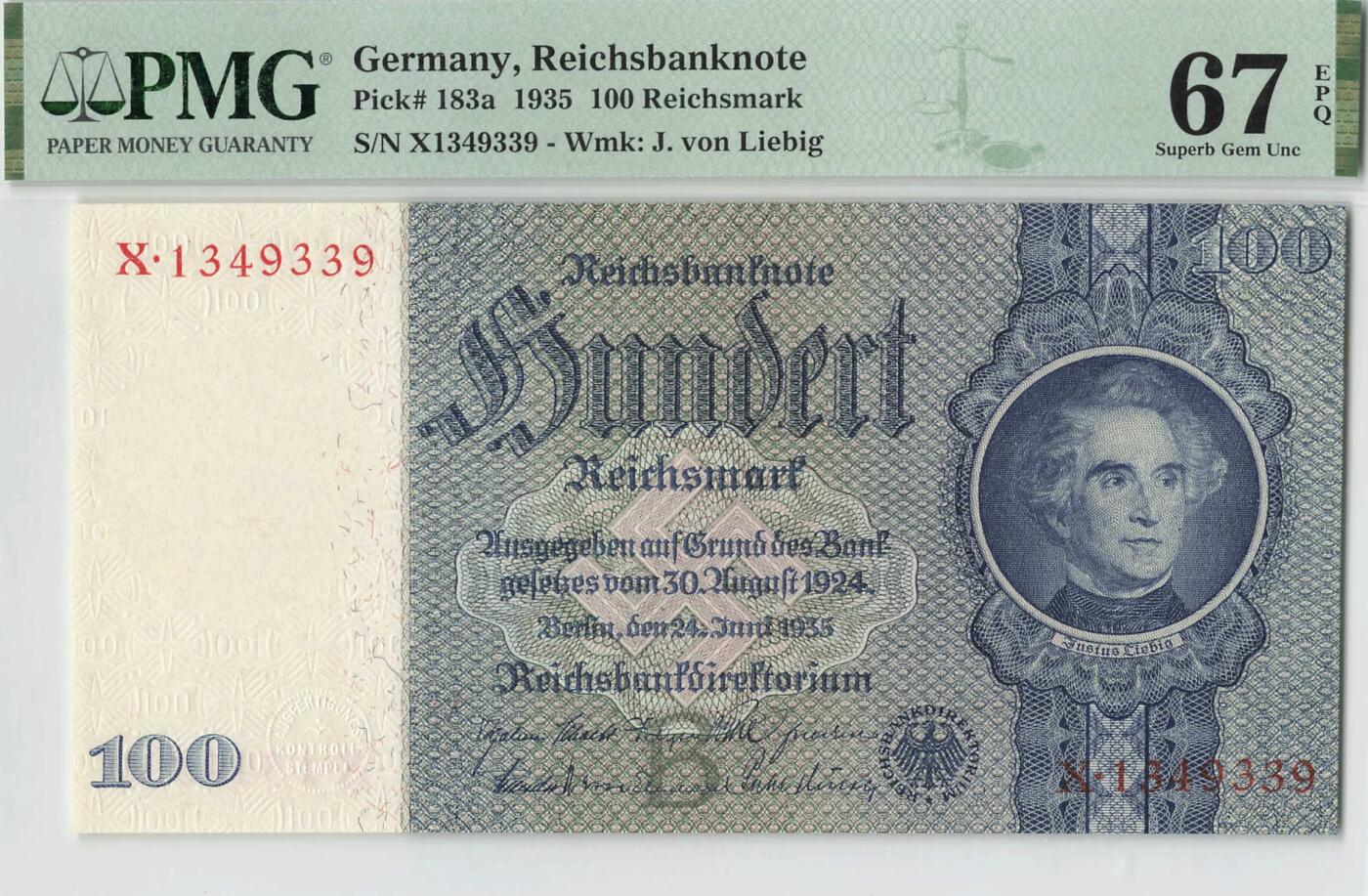 小福收藏拍卖第200期 【庆典场 中拍就有好礼相赠】评级币精选场 本期有捷克斯洛伐克20年100克朗慕夏作品大珍 69分倒置百位号布隆迪世界最大纸币  35年版加拿大经典 苏格兰格拉斯哥大学500年纪念钞倒置小号 卡塔尔80年100里亚尔冠军分 美国教育券 意大利拉斐尔 乌克兰 库克群岛 墨西哥 南斯拉夫 亚美尼亚等多国精美高分珍稀老钞精品纸币 德国 1935年 100马克 有机化学之父李比希男爵 PMG67 EPQ 亚军分（冠军分仅1枚）