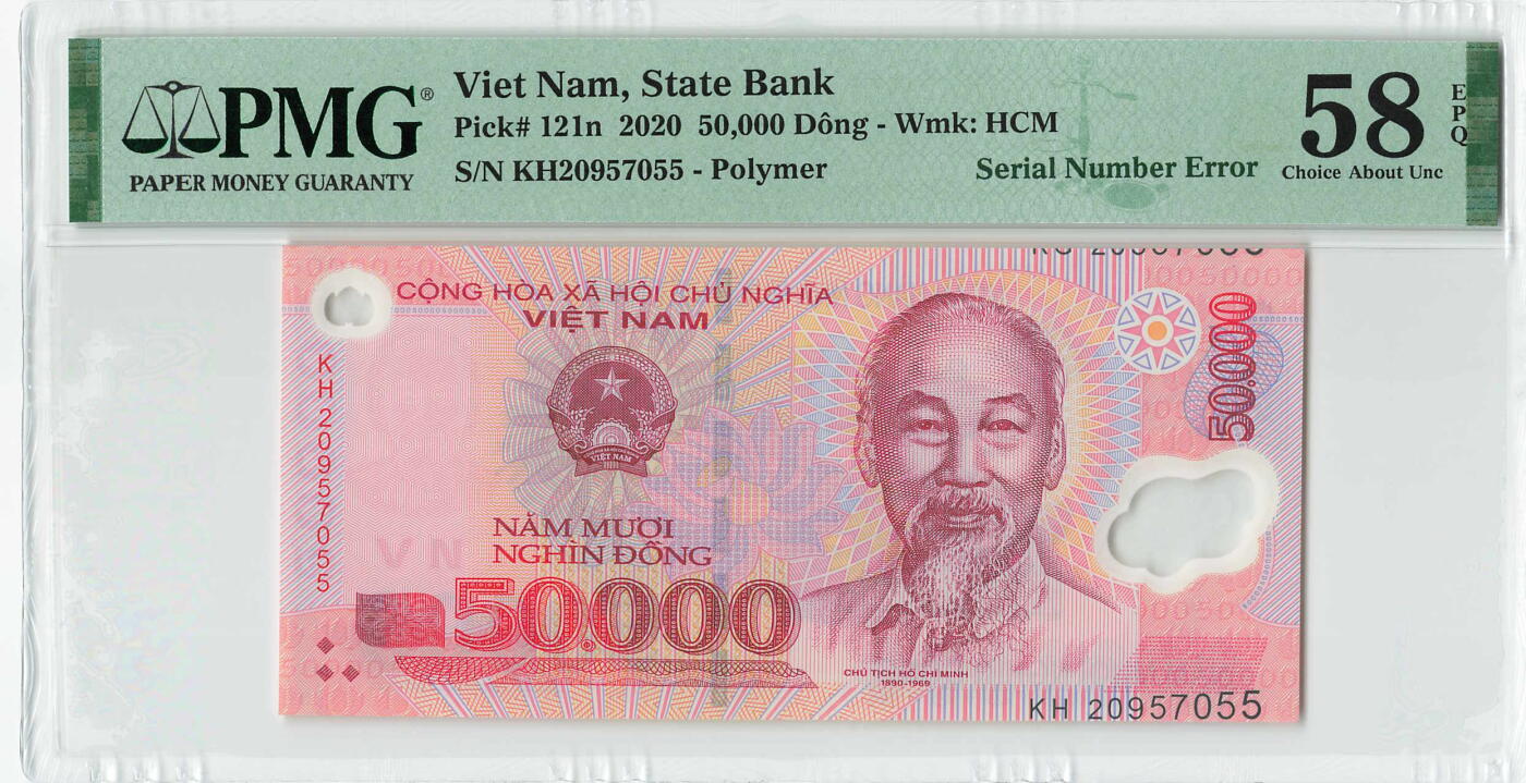 小福收藏拍卖第198期 评级币精选场  本期有菲律宾百位靓号100000比索超大纪念钞 苏里南25000盾花鸟版最高值 柬埔寨珍品56年50瑞尔 南越未发行版最高值打飞机  巴哈马彩背 老挝中国代印57年样钞 匈牙利 斯洛伐克 法罗群岛等多国精美高分珍稀老钞精品纸币 越南 2020年 50000盾 塑料钞 序列号印刷偏移 PMG认证错版 双尾 PMG58 EPQ